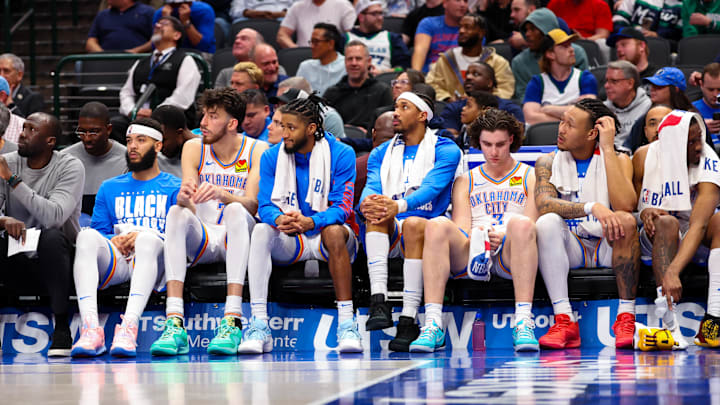 Feb 10, 2024; Dallas, Texas, USA; Oklahoma City Thunder bench reacts during the second half against the Dallas Mavericks at American Airlines Center. Mandatory Credit: Kevin Jairaj-Imagn Images Feb 10, 2024; Dallas, Texas, USA; Oklahoma City Thunder bench reacts during the second half against the Dallas Mavericks at American Airlines Center. Mandatory Credit: Kevin Jairaj-Imagn Images