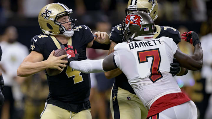 Oct 1, 2023; New Orleans, Louisiana, USA; New Orleans Saints quarterback Derek Carr (4) tries to