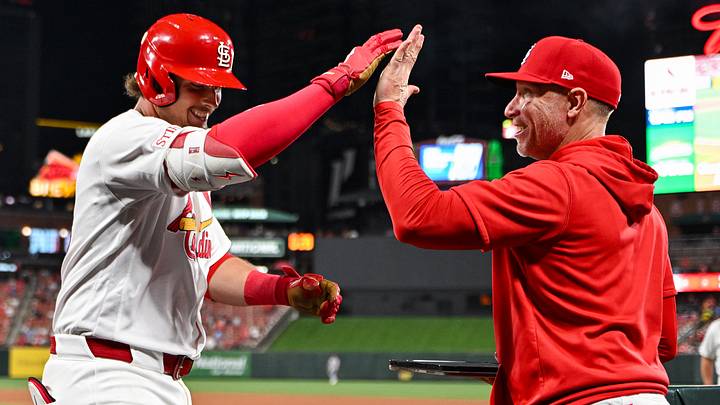 Mar 30, 2026; St. Louis, Missouri, USA; St. Louis Cardinals third baseman Nolan Gorman (16) is congratulated by hitting coach Brant Brown (73) after hitting a solo home run against the New York Mets during the sixth inning at Busch Stadium. Mandatory Credit: Jeff Curry-Imagn Images Mar 30, 2026; St. Louis, Missouri, USA; St. Louis Cardinals third baseman Nolan Gorman (16) is congratulated by hitting coach Brant Brown (73) after hitting a solo home run against the New York Mets during the sixth inning at Busch Stadium. Mandatory Credit: Jeff Curry-Imagn Images