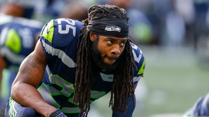 Oct 1, 2017; Seattle, WA, USA; Seattle Seahawks cornerback Richard Sherman (25) stretches during pregame warmups against the Indianapolis Colts at CenturyLink Field. Mandatory Credit: Joe Nicholson-Imagn Images