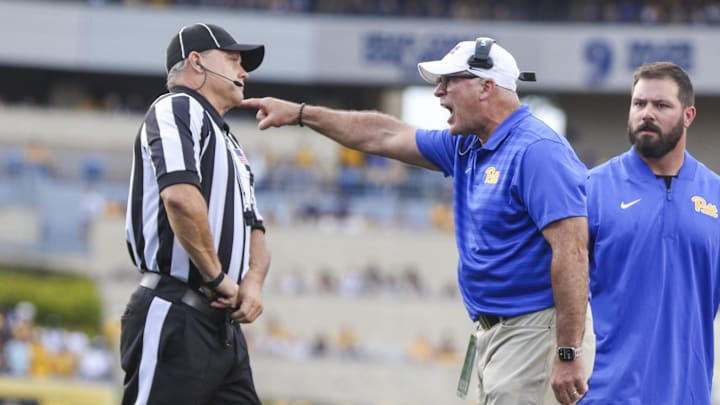 Sep 13, 2025; Morgantown, West Virginia, USA; Pittsburgh Panthers head coach Pat Narduzzi argues a call during the third quarter against the West Virginia Mountaineers at Milan Puskar Stadium. Mandatory Credit: Ben Queen-Imagn Images