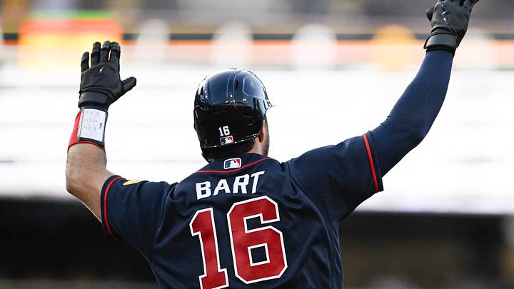 Jun 24, 2026; San Diego, California, USA; Atlanta Braves catcher Joey Bart (16) rounds the bases after hitting a two-run home run during the sixth inning against the San Diego Padres at Petco Park. Mandatory Credit: Denis Poroy-Imagn Images