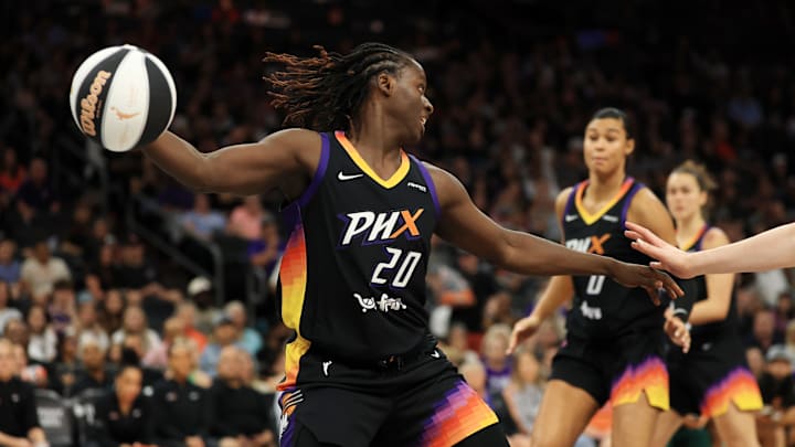 Jun 11, 2025; Phoenix, Arizona, USA; Phoenix Mercury center Murjanatu Musa (20) against the Dallas Wings at PHX Arena. Mandatory Credit: Mark J. Rebilas-Imagn Images
