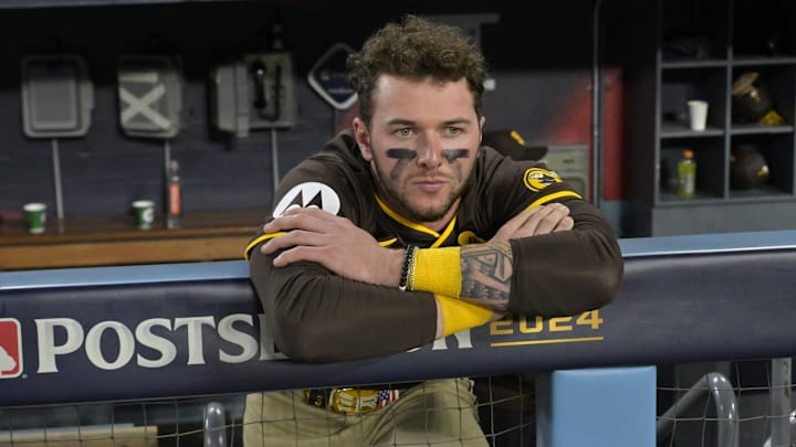 Oct 11, 2024; Los Angeles, California, USA; San Diego Padres outfielder Jackson Merrill (3) reacts after game five against the Los Angeles Dodgers in the NLDS for the 2024 MLB Playoffs at Dodger Stadium. Mandatory Credit: Jayne Kamin-Oncea-Imagn Images Oct 11, 2024; Los Angeles, California, USA; San Diego Padres outfielder Jackson Merrill (3) reacts after game five against the Los Angeles Dodgers in the NLDS for the 2024 MLB Playoffs at Dodger Stadium. Mandatory Credit: Jayne Kamin-Oncea-Imagn Images