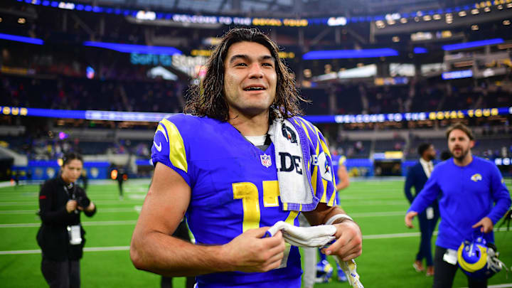 Los Angeles Rams wide receiver Puka Nacua (17) celebrates the victory against the Buffalo Bills at SoFi Stadium.