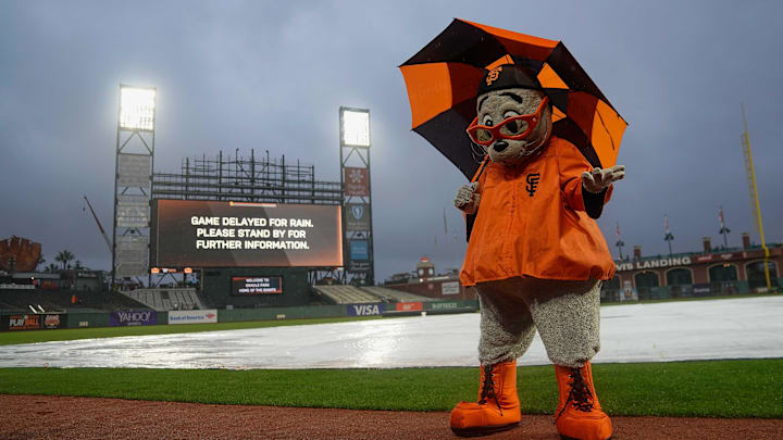 Mar 25, 2019; San Francisco, CA, USA; San Francisco Giants mascot Lou Seal stands in the rain before the game against the Oakland Athletics at Oracle Park. Mandatory Credit: Stan Szeto-Imagn Images