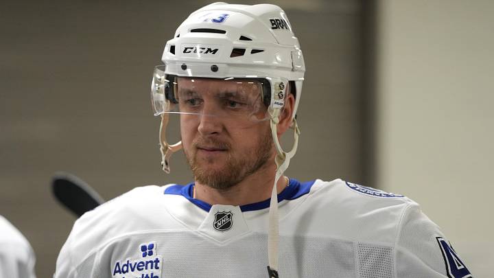 Jan 3, 2026; San Jose, California, USA; Tampa Bay Lightning defenseman Darren Raddysh (43) before the game against the San Jose Sharks at SAP Center at San Jose. Mandatory Credit: Darren Yamashita-Imagn Images