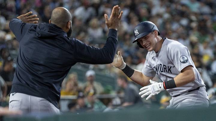 May 29, 2026; West Sacramento, California, USA; New York Yankees designated hitter Ben Rice (22) is congratulated by teammates after hitting a home run against the Athletics in the seventh inning at Sutter Health Park. Mandatory Credit: Cary Edmondson-Imagn Images May 29, 2026; West Sacramento, California, USA; New York Yankees designated hitter Ben Rice (22) is congratulated by teammates after hitting a home run against the Athletics in the seventh inning at Sutter Health Park. Mandatory Credit: Cary Edmondson-Imagn Images