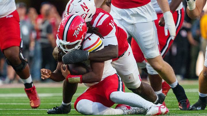 Maryland's Malik Washington is sacked by Nebraska linebacker Vincent Shavers Jr. during the fourth quarter. Maryland's Malik Washington is sacked by Nebraska linebacker Vincent Shavers Jr. during the fourth quarter.