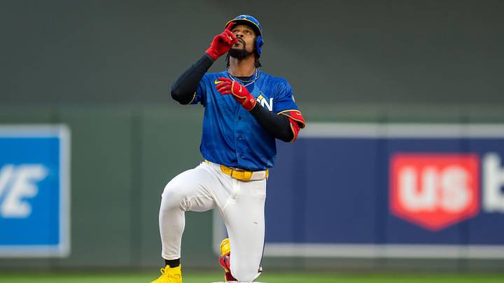Jun 26, 2026; Minneapolis, Minnesota, USA; Minnesota Twins center fielder Byron Buxton (25) celebrates hitting a RBI double against the Colorado Rockies in the fifth inning at Target Field. Mandatory Credit: Jesse Johnson-Imagn Images
