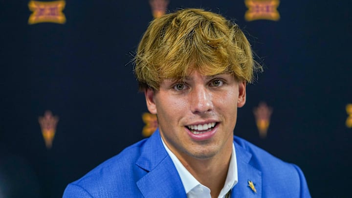 Jul 8, 2025; Frisco, TX, USA; Arizona State quarterback Sam Leavitt answers questions from the media during 2025 Big 12 Football Media Days at The Star. Mandatory Credit: Raymond Carlin III-Imagn Images