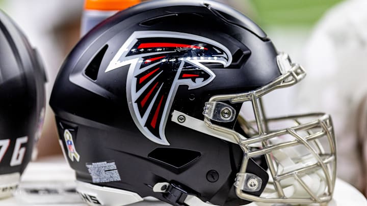 Nov 10, 2024; New Orleans, Louisiana, USA;   Detailed view of the Atlanta Falcons helmet against the New Orleans Saints during the second half at Caesars Superdome. Mandatory Credit: Stephen Lew-Imagn Images