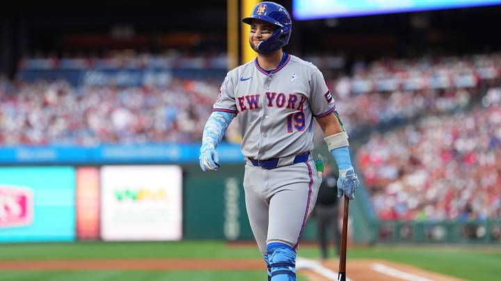 Jun 21, 2026; Philadelphia, Pennsylvania, USA; New York Mets infielder Bo Bichette (19) reacts after striking out against the Philadelphia Phillies in the first inning at Citizens Bank Park. Mandatory Credit: Kyle Ross-Imagn Images