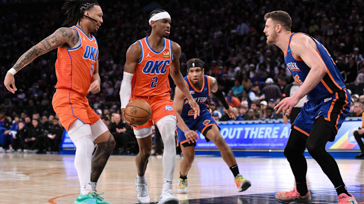 Mar 31, 2024; New York, New York, USA; Oklahoma City Thunder guard Shai Gilgeous-Alexander (2) looks to get past New York Knicks center Isaiah Hartenstein (55)  at Madison Square Garden. Mandatory Credit: John Jones-USA TODAY Sports