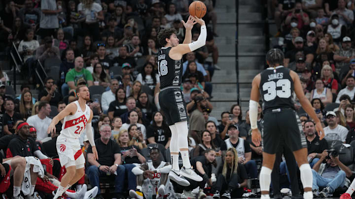 Nov 5, 2023; San Antonio, Texas, USA;  San Antonio Spurs forward Cedi Osman (16) shoots in front of