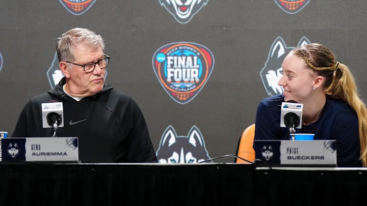 Apr 4, 2024; Cleveland, OH, USA; UConn Huskies coach Geno Auriemma (left) and guard Paige Bueckers during press conference at Rocket Mortgage FieldHouse. Mandatory Credit: Kirby Lee-Imagn Images Apr 4, 2024; Cleveland, OH, USA; UConn Huskies coach Geno Auriemma (left) and guard Paige Bueckers during press conference at Rocket Mortgage FieldHouse. Mandatory Credit: Kirby Lee-Imagn Images