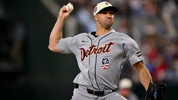 Jul 4, 2026; Arlington, Texas, USA; Detroit Tigers starting pitcher Jack Flaherty (9) pitches against the Texas Rangers during the fourth inning at Globe Life Field. Mandatory Credit: Jerome Miron-Imagn Images Jul 4, 2026; Arlington, Texas, USA; Detroit Tigers starting pitcher Jack Flaherty (9) pitches against the Texas Rangers during the fourth inning at Globe Life Field. Mandatory Credit: Jerome Miron-Imagn Images