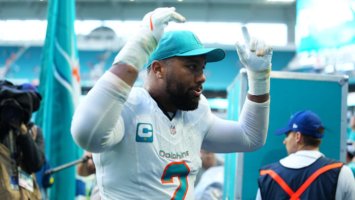 Nov 30, 2025; Miami Gardens, Florida, USA; Miami Dolphins linebacker Bradley Chubb (2) leaves the field following a game against the New Orleans Saints at Hard Rock Stadium.