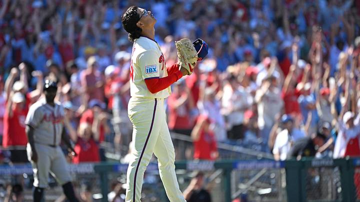 Sep 7, 2026; Philadelphia, Pennsylvania, USA; Philadelphia Phillies pitcher Jesús Luzardo (44) reacts after the final out in the ninth inning of win against the Atlanta Braves at Citizens Bank Park. Luzardo pitched a two-hit,  complete game shutout. Mandatory Credit: Eric Hartline-Imagn Images