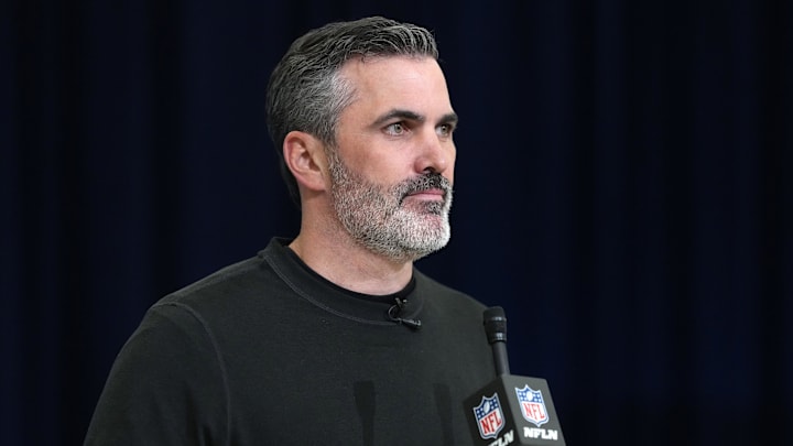 Feb 24, 2026; Indianapolis, IN, USA; Atlanta Falcons coach Kevin Stefanski speaks at the NFL Scouting Combine at the Indiana Convention Center. Mandatory Credit: Kirby Lee-Imagn Images