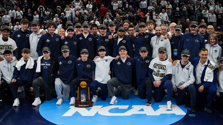 Members of the Penn State Nittany Lions wrestling team pose for a photo after the NCAA Wrestling Championships at Rocket Arena. Members of the Penn State Nittany Lions wrestling team pose for a photo after the NCAA Wrestling Championships at Rocket Arena.