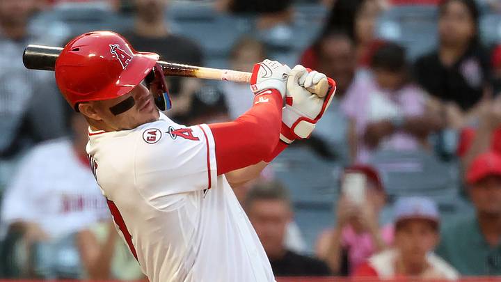 Aug 13, 2026; Anaheim, California, USA; Los Angeles Angels center fielder Mike Trout (27) hits a single during the first inning against the Texas Rangers at Angel Stadium. Mandatory Credit: Kiyoshi Mio-Imagn Images Aug 13, 2026; Anaheim, California, USA; Los Angeles Angels center fielder Mike Trout (27) hits a single during the first inning against the Texas Rangers at Angel Stadium. Mandatory Credit: Kiyoshi Mio-Imagn Images