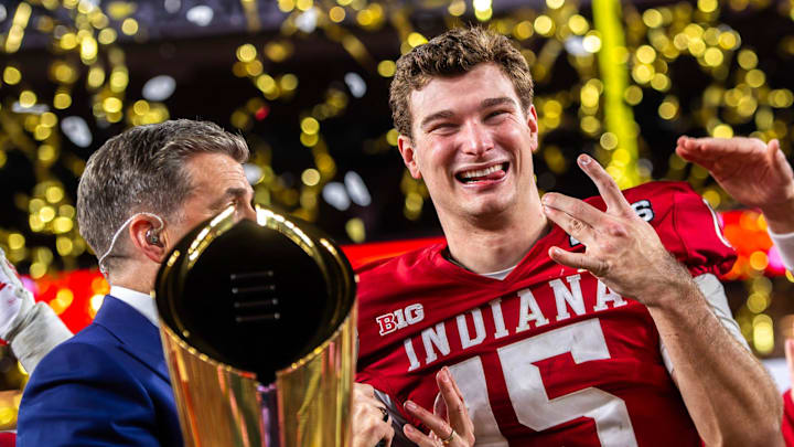 Indiana's Fernando Mendoza (15) smiles as he celebrates after the College Football Playoff National Championship college football game at Hard Rock Stadium in Miami Gardens on Monday, Jan. 19, 2026.