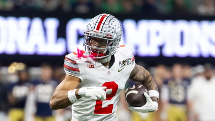 Jan 20, 2025; Atlanta, GA, USA; Ohio State Buckeyes wide receiver Emeka Egbuka (2) against the Notre Dame Fighting Irish during the CFP National Championship college football game at Mercedes-Benz Stadium. Mandatory Credit: Mark J. Rebilas-Imagn Images