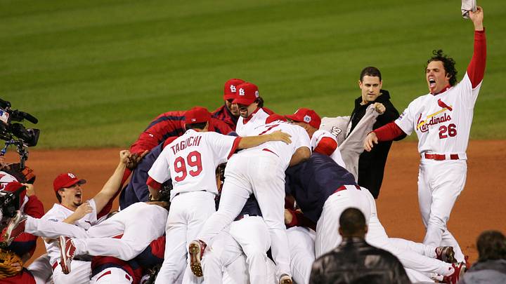 Oct 27, 2006; St. Louis, MO, USA; St. Louis Cardinals players celebrate after defeating the Detroit Tigers 4-2 during game 5 of the World Series to win the series 4 games to 1 at Busch Stadium in St. Louis, Missouri. Mandatory Credit: Jerry Lai-USA TODAY Sports Copyright © 2006 Jerry Lai Oct 27, 2006; St. Louis, MO, USA; St. Louis Cardinals players celebrate after defeating the Detroit Tigers 4-2 during game 5 of the World Series to win the series 4 games to 1 at Busch Stadium in St. Louis, Missouri. Mandatory Credit: Jerry Lai-USA TODAY Sports Copyright © 2006 Jerry Lai