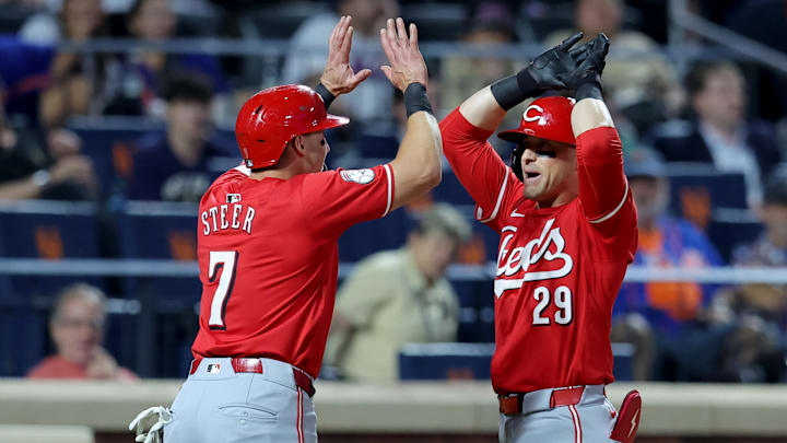 Sep 6, 2024; New York City, New York, USA; Cincinnati Reds center fielder TJ Friedl (29) celebrates his two run home run against the New York Mets with left fielder Spencer Steer (7) during the seventh inning at Citi Field. Mandatory Credit: Brad Penner-Imagn Images