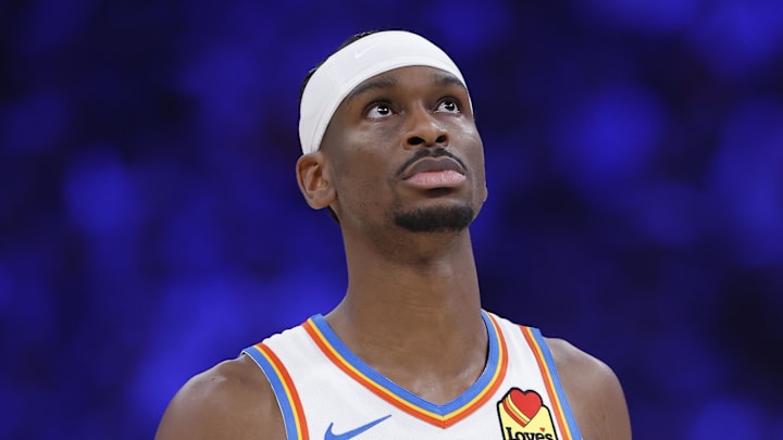 Mar 29, 2026; Oklahoma City, Oklahoma, USA; Oklahoma City Thunder guard Shai Gilgeous-Alexander (2) walks down the court during the first half against the New York Knicks at Paycom Center. Mandatory Credit: Alonzo Adams-Imagn Images