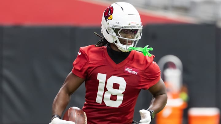 Jul 24, 2025; Glendale, AZ, USA; Arizona Cardinals wide receiver Marvin Harrison Jr. (18) during training camp at State Farm Stadium. Mandatory Credit: Mark J. Rebilas-Imagn Images