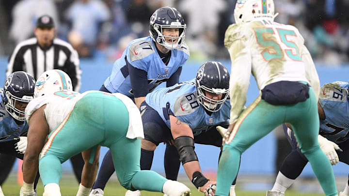Tennessee Titans quarterback Ryan Tannehill (17) under center against the Miami Dolphins during the second half at Nissan Stadium during the 2021 season. Tennessee Titans quarterback Ryan Tannehill (17) under center against the Miami Dolphins during the second half at Nissan Stadium during the 2021 season.
