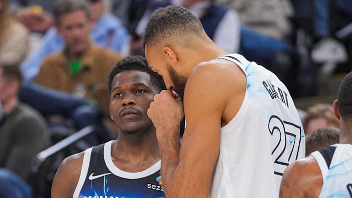 Minnesota Timberwolves center Rudy Gobert (27) and guard Anthony Edwards talk against the Sacramento Kings in the fourth quarter at Target Center in Minneapolis on Nov. 27, 2024. 