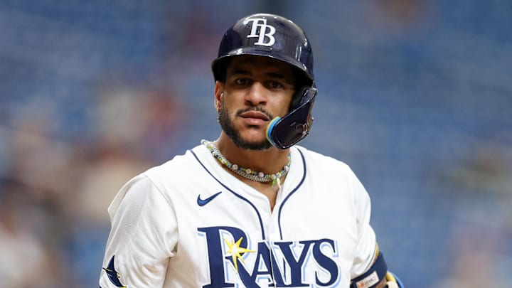Sep 5, 2024; St. Petersburg, Florida, USA; Tampa Bay Rays outfielder Jose Siri (22) reacts after fouling off a ball against the Minnesota Twins in the fifth inning at Tropicana Field. Mandatory Credit: Nathan Ray Seebeck-Imagn Images