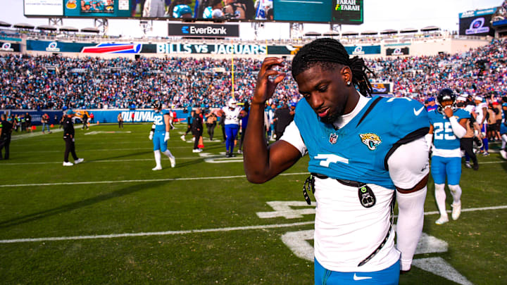 Jacksonville Jaguars wide receiver Brian Thomas Jr. (7) walks off the field after losing to the Bills during an NFL football AFC Wild Card playoff matchup, Sunday, Jan. 11, 2026, in Jacksonville, Fla. Bills lead 10-7 at the half over the Jaguars. The Bills defeated the Jaguars 27-24. [Doug Engle/Florida Times-Union]