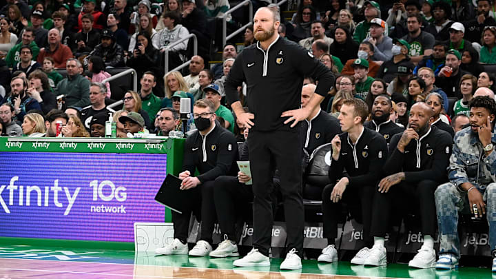 Feb 4, 2024; Boston, Massachusetts, USA; Memphis Grizzlies head coach Taylor Jenkins  looks on