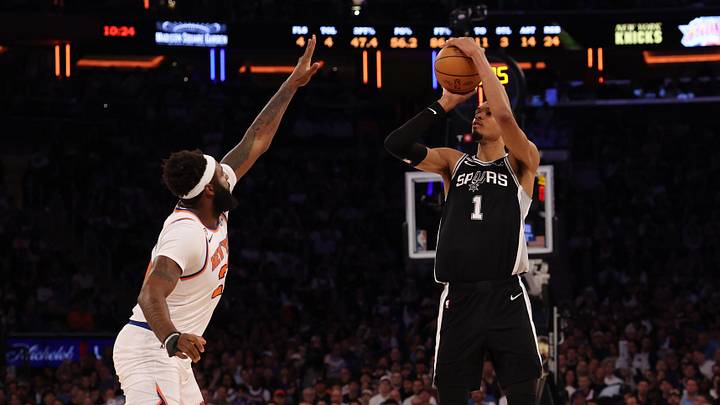 Spurs forward Victor Wembanyama shoots the ball against Knicks center Mitchell Robinson Game 3 of the NBA Finals. Spurs forward Victor Wembanyama shoots the ball against Knicks center Mitchell Robinson Game 3 of the NBA Finals.