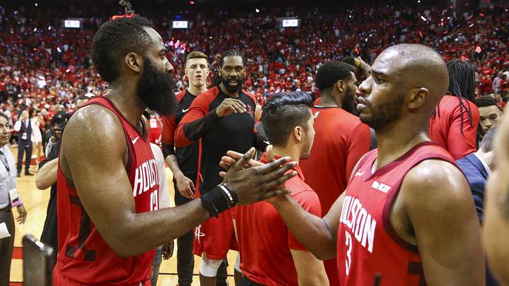 May 4, 2019; Houston, TX, USA; Houston Rockets guard James Harden (13) and guard Chris Paul (3) celebrate after the Rockets defeated the Golden State Warriors in game three of the second round of the 2019 NBA Playoffs at Toyota Center. Mandatory Credit: Troy Taormina-Imagn Images
