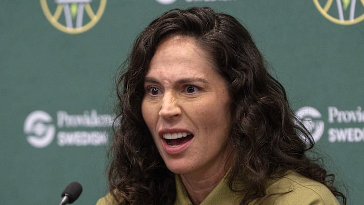 Seattle Storm legend SUE BIRD speaks to the media on August 26, 2025.