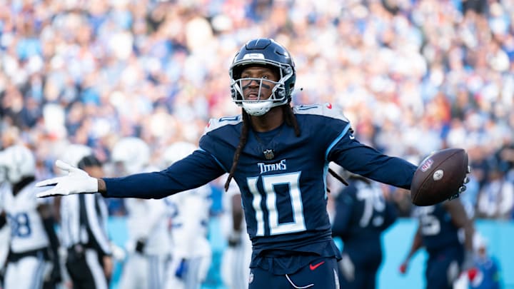 Tennessee Titans wide receiver DeAndre Hopkins (10) celebrates a touchdown against the Indianapolis Colts in the fourth quarter during their game at Nissan Stadium in Nashville, Tenn., Sunday, Dec. 3, 2023.