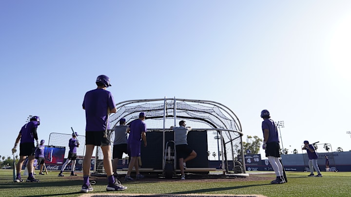 TCU baseball players taking batting practice before their game against Arizona. TCU baseball players taking batting practice before their game against Arizona.