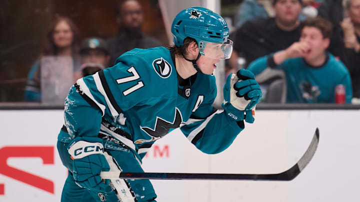 Jan 10, 2026; San Jose, California, USA; San Jose Sharks center Macklin Celebrini (71) skates to the bench for a line change against the Dallas Stars during the second period at SAP Center at San Jose. Mandatory Credit: Robert Edwards-Imagn Images
