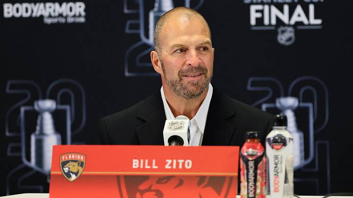 Jun 7, 2024; Sunrise, Florida, USA; Florida Panthers general manager Bill Zito speaks to reporters during media day in advance of the 2024 Stanley Cup Final at Amerant Bank Arena. Mandatory Credit: Sam Navarro-USA TODAY Sports