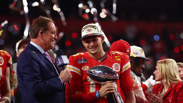 Feb 11, 2024; Paradise, Nevada, USA; Kansas City Chiefs quarterback Patrick Mahomes (15) celebrates with the Vince Lombardi Trophy after defeating the San Francisco 49ers in Super Bowl LVIII at Allegiant Stadium. Mandatory Credit: Mark J. Rebilas-Imagn Images