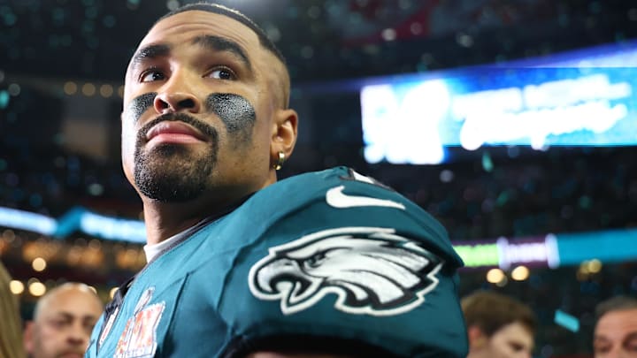 Feb 9, 2025; New Orleans, LA, USA; Philadelphia Eagles quarterback Jalen Hurts (1) reacts on the field after defeating the Kansas City Chiefs in Super Bowl LIX at Ceasars Superdome. Mandatory Credit: Mark J. Rebilas-Imagn Images