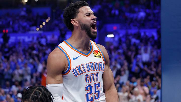Oct 28, 2025; Oklahoma City, Oklahoma, USA; Oklahoma City Thunder guard Ajay Mitchell (25) celebrates after scoring against the Sacramento Kings during the second half at Paycom Center. Mandatory Credit: Alonzo Adams-Imagn Images Oct 28, 2025; Oklahoma City, Oklahoma, USA; Oklahoma City Thunder guard Ajay Mitchell (25) celebrates after scoring against the Sacramento Kings during the second half at Paycom Center. Mandatory Credit: Alonzo Adams-Imagn Images