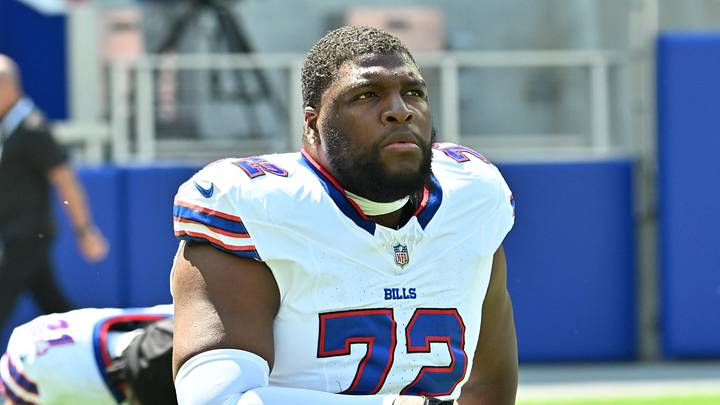 Aug 15, 2026; Orchard Park, New York, USA; Buffalo Bills defensive lineman Phidarian Mathis (72) warms up before a pre-season game against the Carolina Panthers at the New Highmark Stadium. 