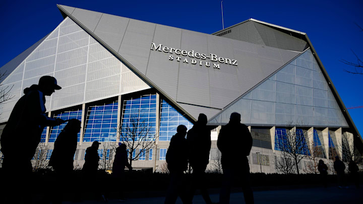 The outside of Mercedes-Benz Stadium in Atlanta, GA, home of the Falcons. 