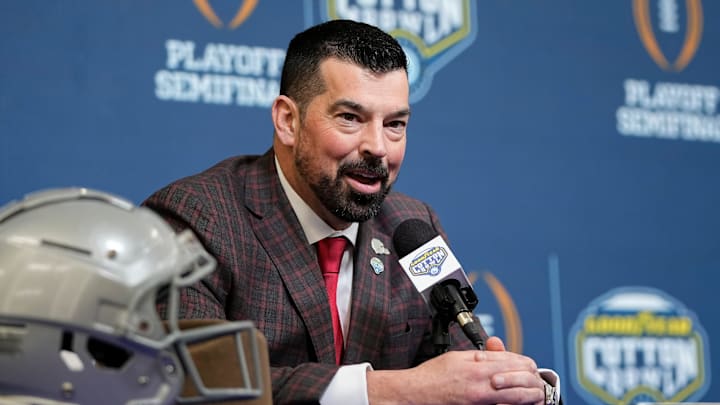 Ohio State Buckeyes head coach Ryan Day speaks during a press conference at AT&T Stadium prior to the College Football Playoff semifinal at the Cotton Bowl Classic in Arlington, Texas on Jan. 9, 2025. Ohio State Buckeyes head coach Ryan Day speaks during a press conference at AT&T Stadium prior to the College Football Playoff semifinal at the Cotton Bowl Classic in Arlington, Texas on Jan. 9, 2025.